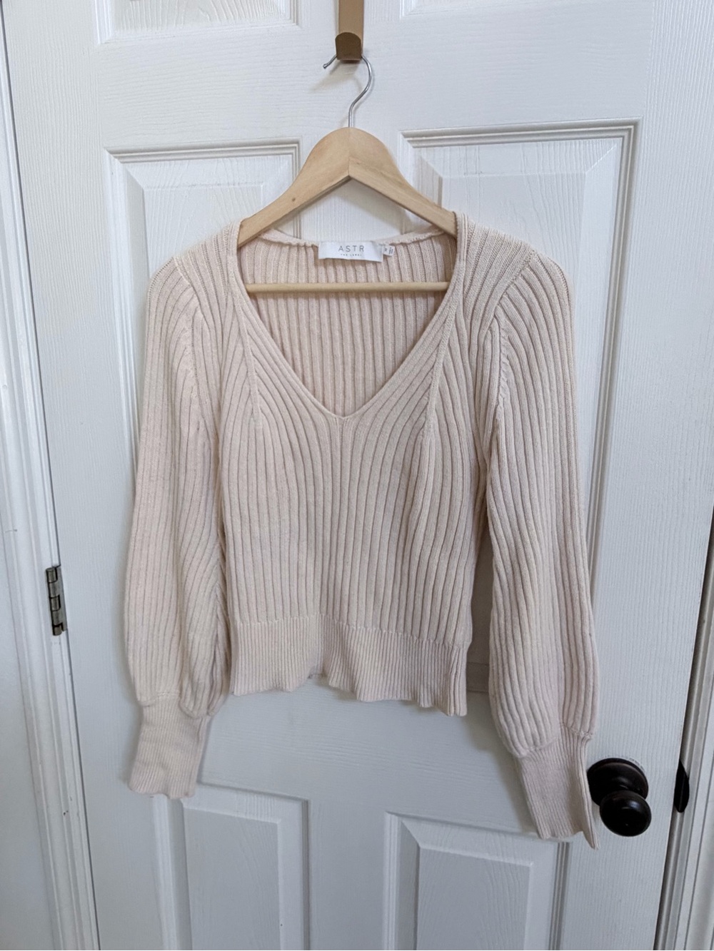 Astr Cream Ribbed V-Neck Sweater, minimalist, neutral, capsule, 100% cotton, Med